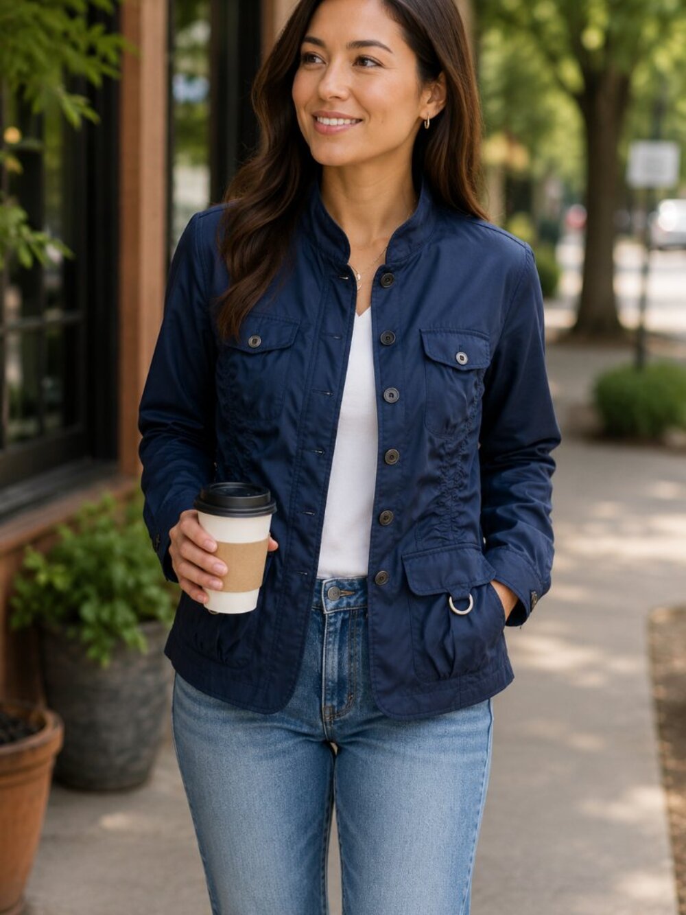 Marc Bouwer Women's Lightweight Jacket Size S Navy Blue Fitted Ruched Pockets